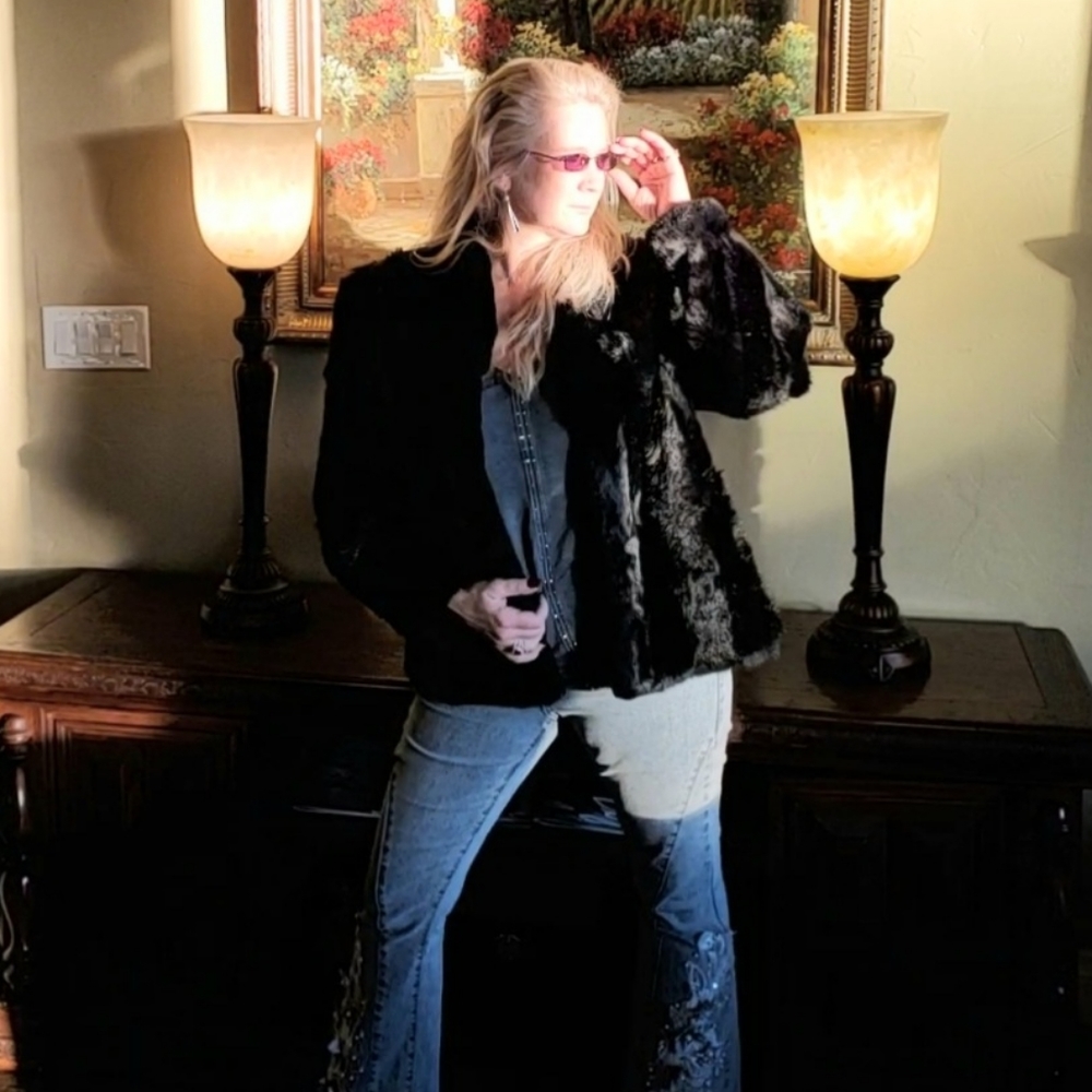 Black Striped Rabbit Fur Jacket - Picture 9 of 17